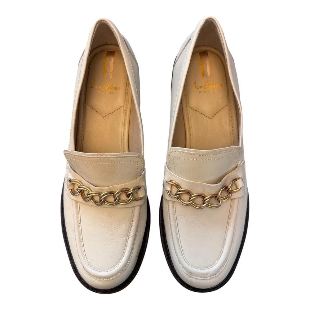 Sam Edelman Taelor Womens 9 M Cream Leather Gold Chain Lug‎ Sole Loafers Chunky